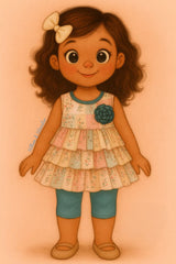 Young girl in a pastel patchwork peplum top and teal shorts with a matching flower, smiling with wavy hair and cream bow.