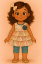 Young girl in a pastel patchwork peplum top and teal shorts with a matching flower, smiling with wavy hair and cream bow.