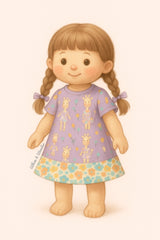 Illustrated doll wearing a purple giraffe-print dress with floral trim, on a soft pale pink background.