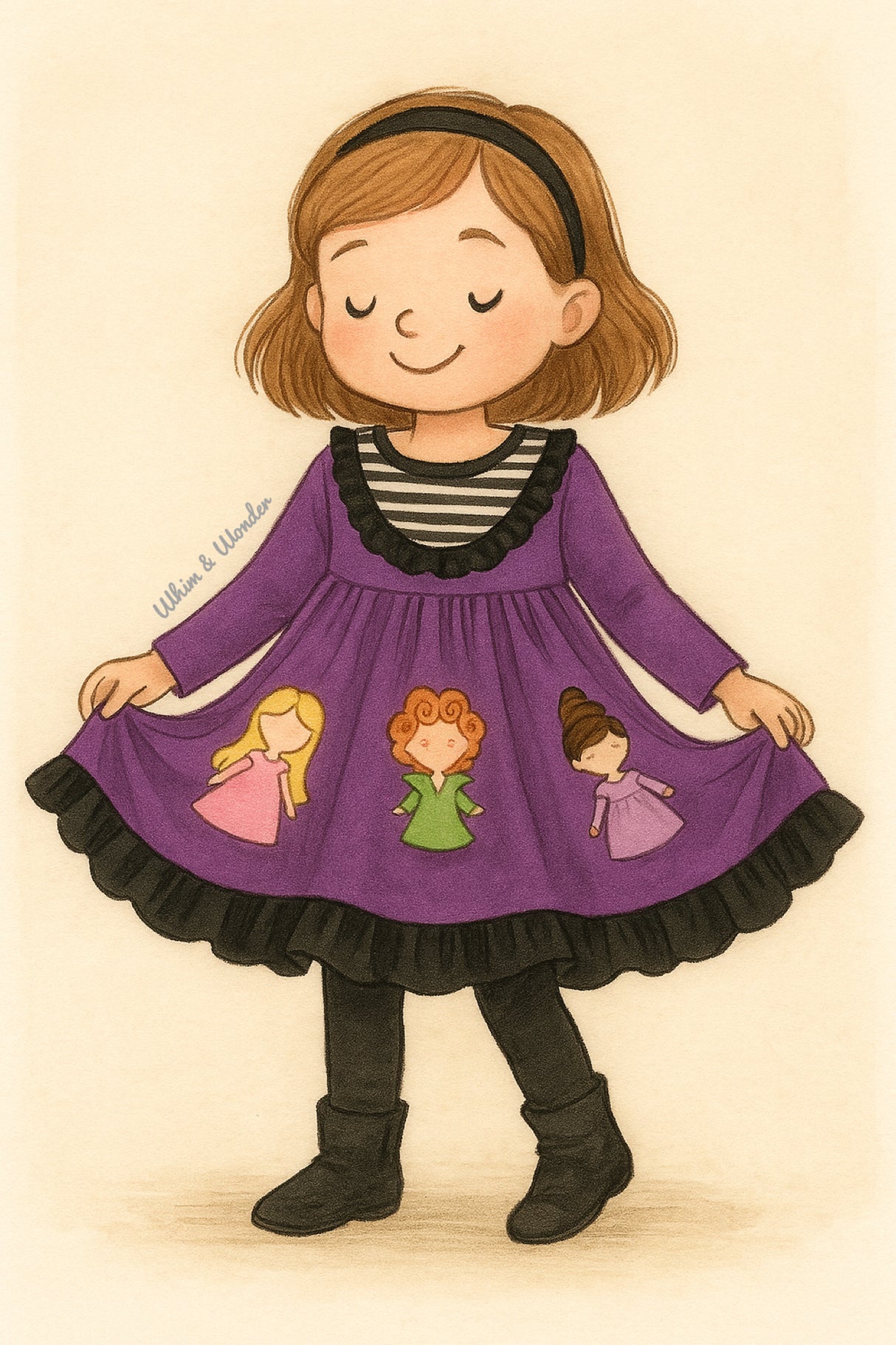 Storybook-style girl in a purple dress with witch appliqués, smiling softly against a warm beige background.