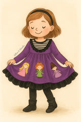 Storybook-style girl in a purple dress with witch appliqués, smiling softly against a warm beige background.