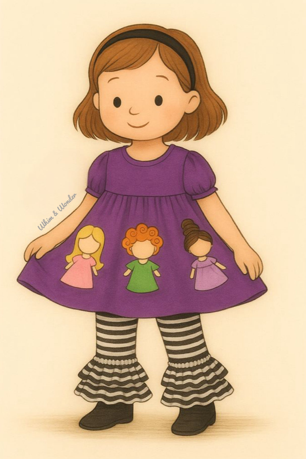 Storybook-style girl in purple witch tunic and black-and-white striped triple-ruffle pants, smiling against a cream background.