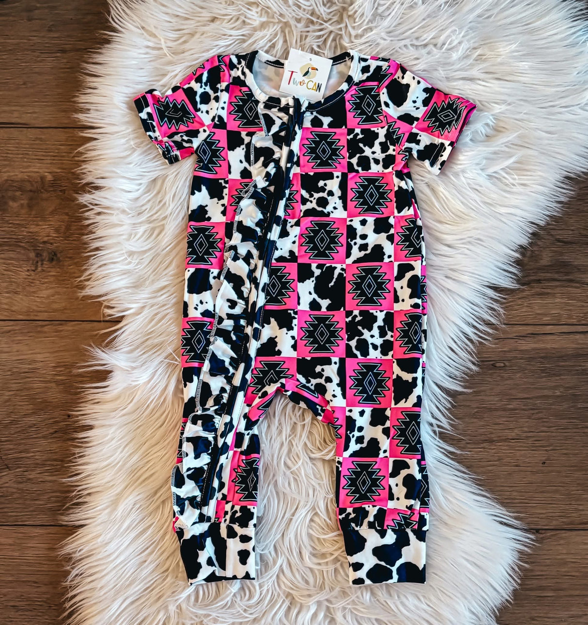 Southwest Cowprint Zip Up Baby Romper | Twocan