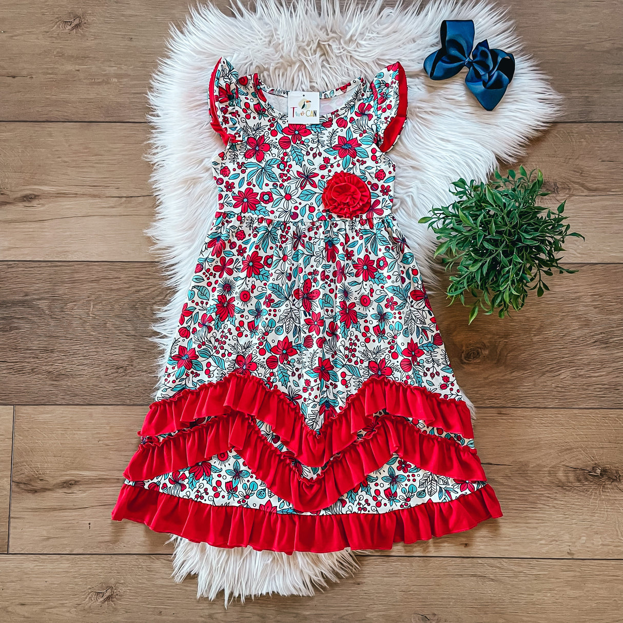 Red Blooms Triple Ruffle Dress by Twocan