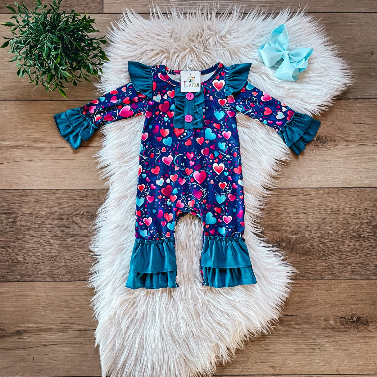 Turquoise Hearts Baby Romper by Twocan