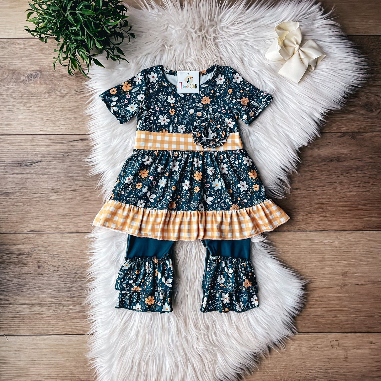 Yellow Gingham & Green Floral Baby Romper by Twocan