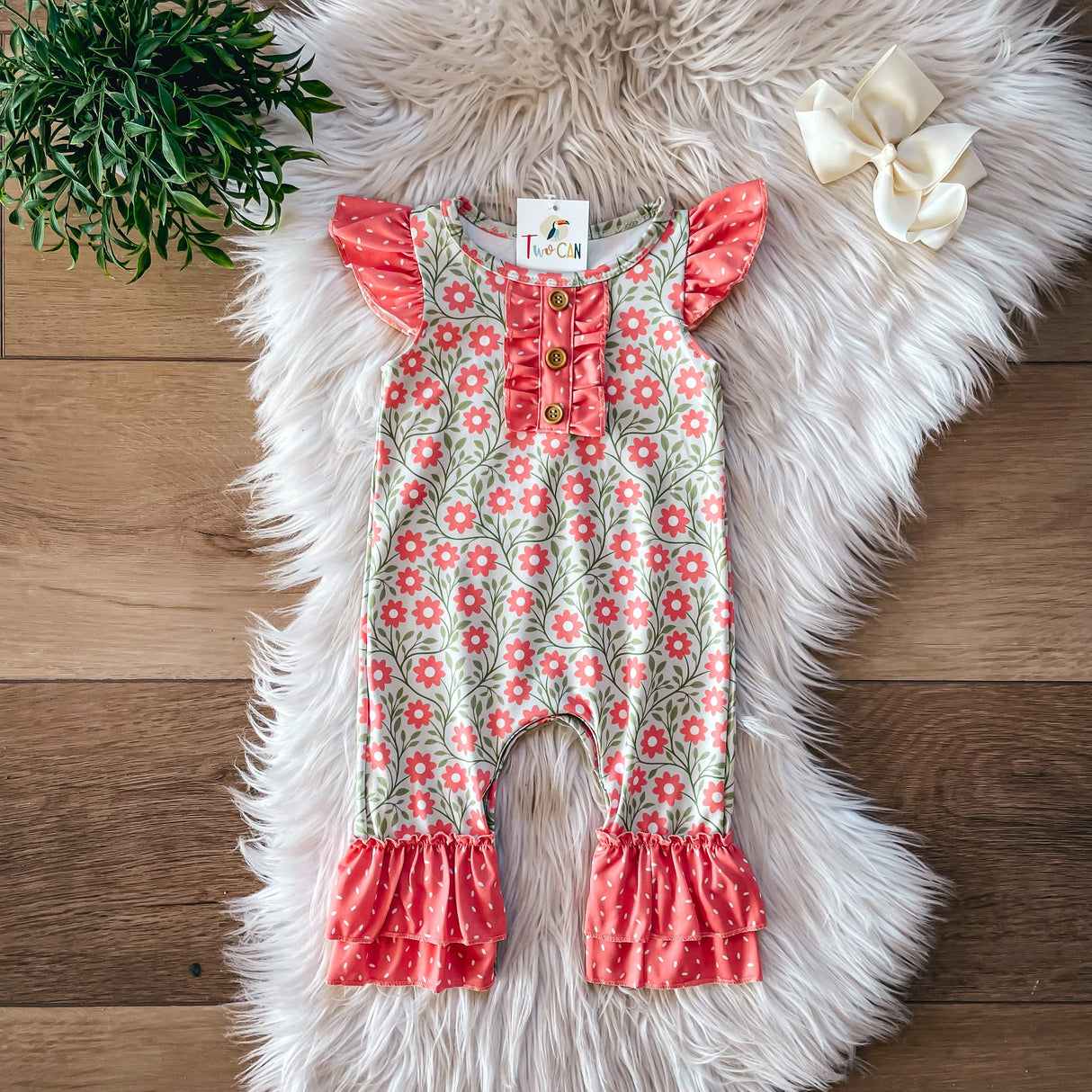 Green & Peach Baby Romper by Twocan