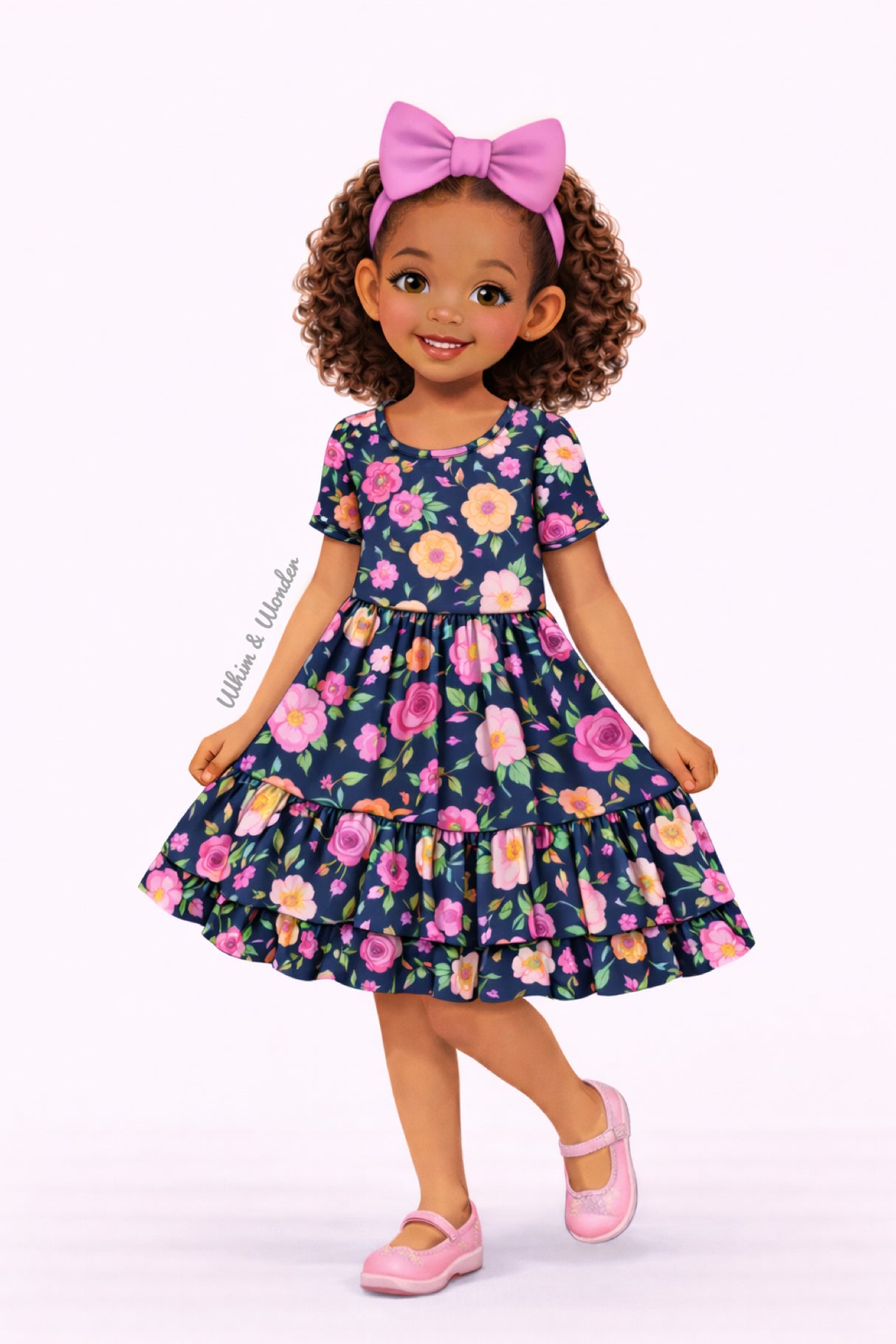 Illustrated girl wearing a dark short-sleeve dress with a bold floral print and tiered design.