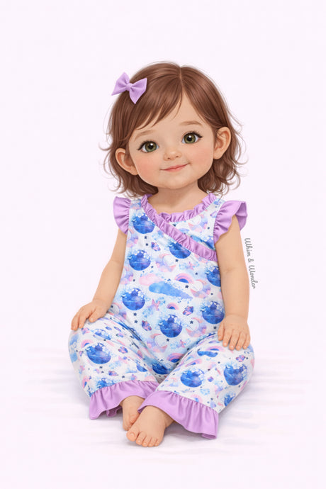 Illustrated baby wearing a celestial-themed romper with ruffle shoulders, soft purple trim, and ruffled ankle hems.