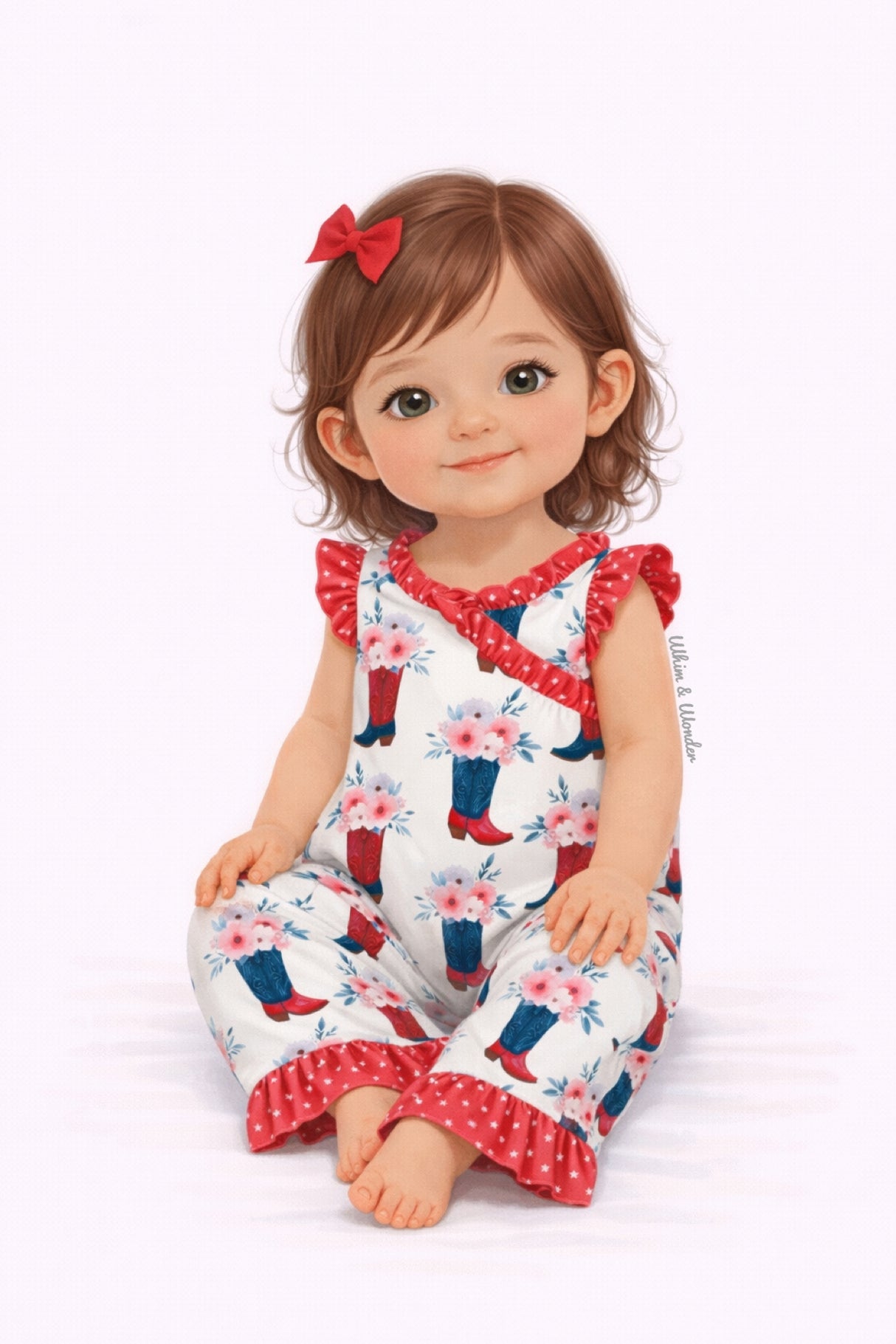 Illustrated baby wearing a western-inspired onesie with floral cowboy boot patterning, ruffle shoulders, and red ruffle ankle hems