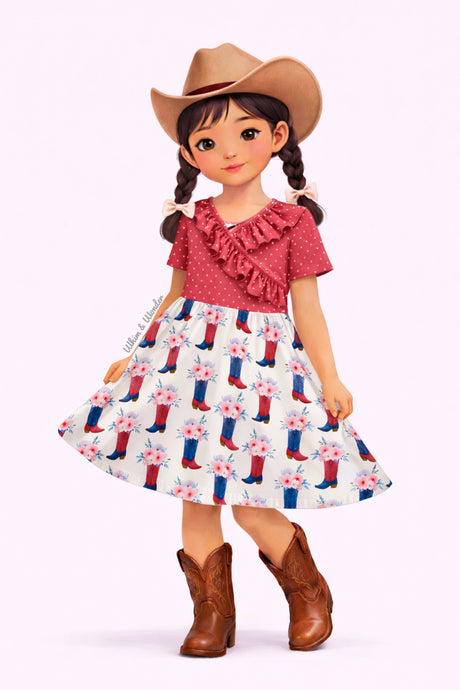 Illustrated girl wearing a short-sleeve western-inspired dress with a red star print bodice and a cream skirt featuring cowboy boots with floral accents, styled with brown western boots.