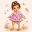 Storybook baby wearing a pink owl-print skirted romper with lavender shoes in a whimsical autumn scene.