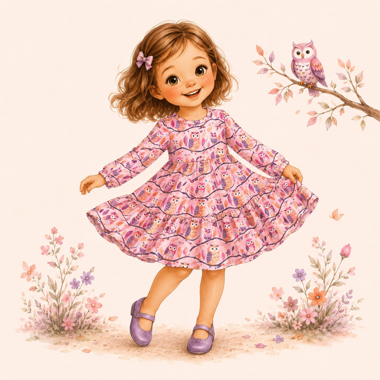 Storybook girl twirling in a pink tiered owl-print dress with lavender shoes and autumn flowers.