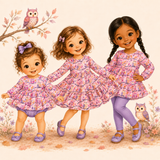     Three storybook girls modeling the Hoot Hooray owl collection in pink, purple and autumn tones.