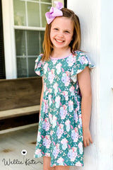 Green Floral Bow In the Back Dress | Wellie Kate