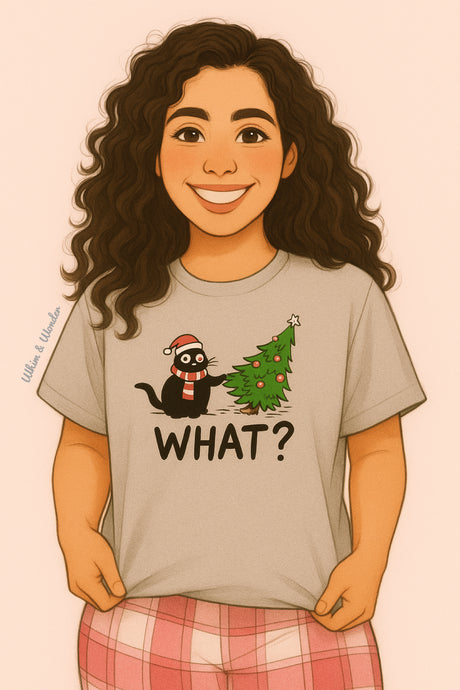 Illustration of a person wearing a t-shirt with a Christmas-themed design and text.
