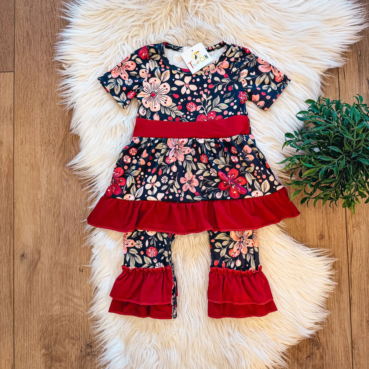 Deep Red Floral Baby Skirted Romper | Twocan