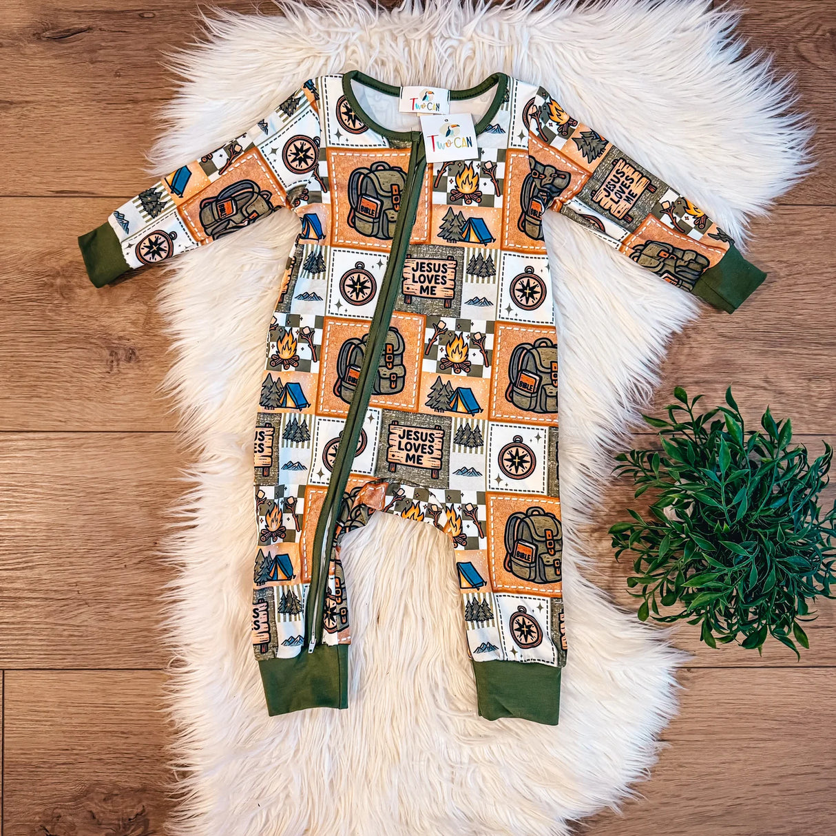 Jesus Loves Me Camping Baby Romper | TwoCan