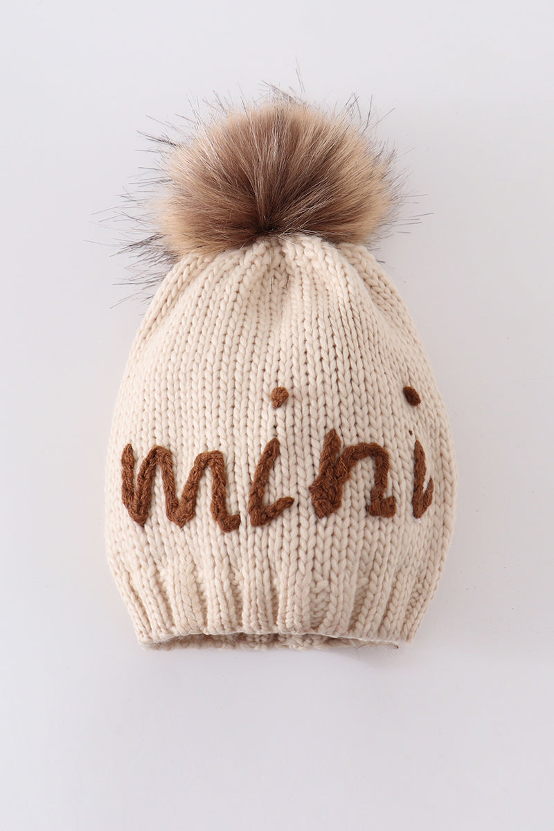 Cozy Hand Embroidered Mama/Mini Knit Pom-Pom Beanie Hat by Abby & Evie