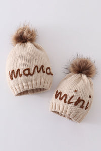 Cozy Hand Embroidered Mama/Mini Knit Pom-Pom Beanie Hat by Abby & Evie