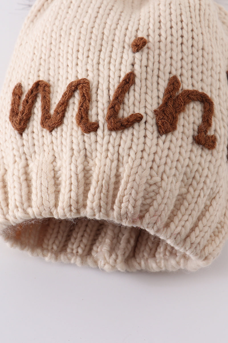 Cozy Hand Embroidered Mama/Mini Knit Pom-Pom Beanie Hat by Abby & Evie