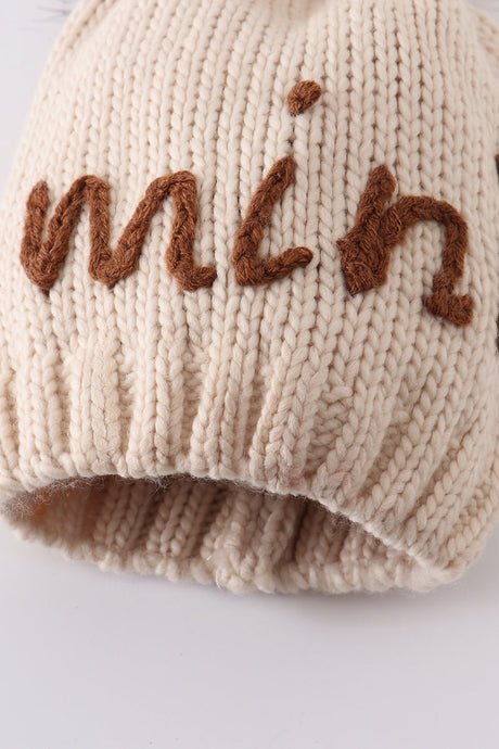 Cozy Hand Embroidered Mama/Mini Knit Pom-Pom Beanie Hat