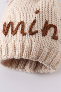 Cozy Hand Embroidered Mama/Mini Knit Pom-Pom Beanie Hat by Abby & Evie