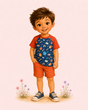 Illustrated boy wearing a navy and rust raglan shirt with apples, books, pencils, paint palettes, numbers, letters and rainbows.