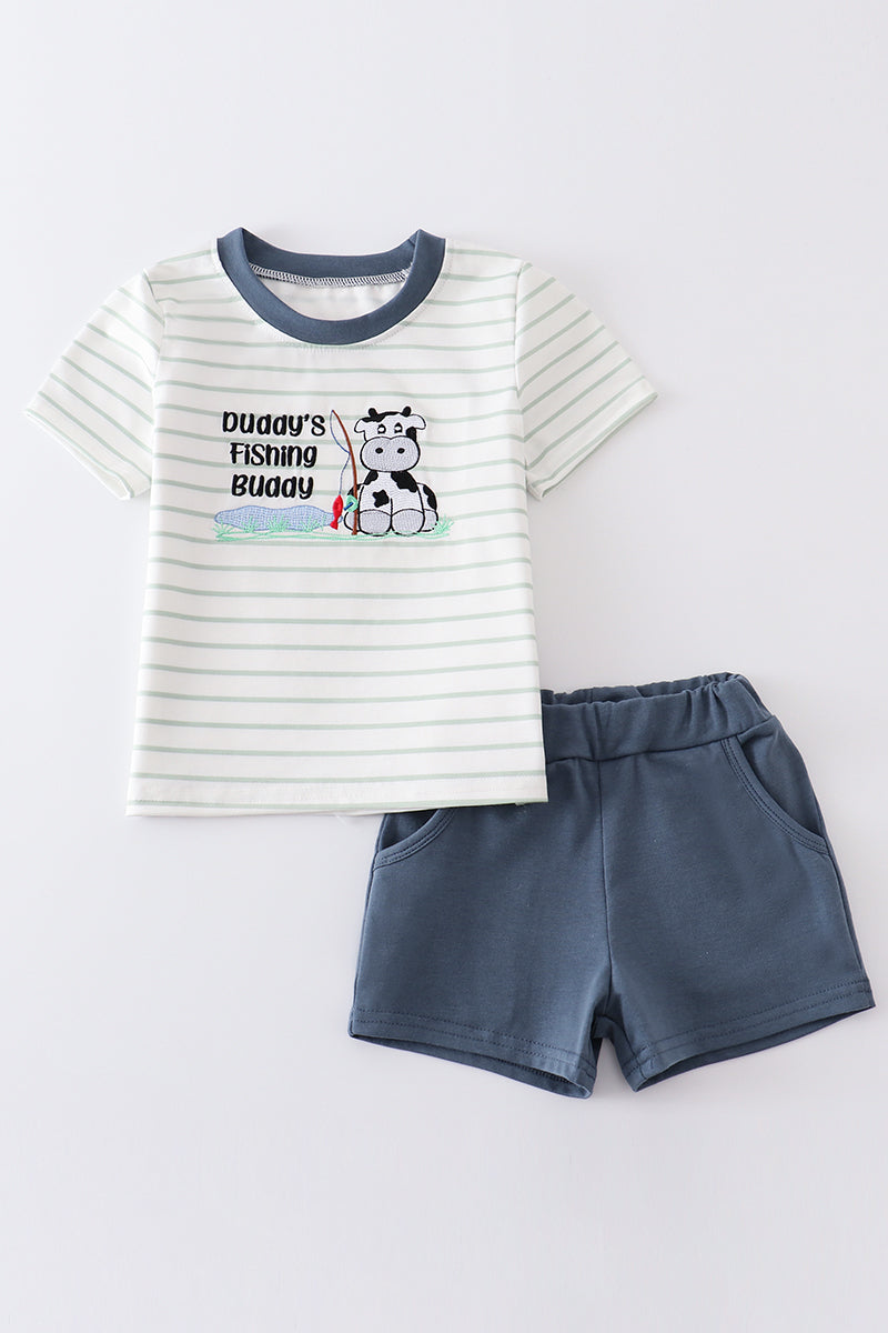 Striped Embroidered Fishing Cow Shorts Set by Abby & Evie