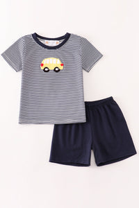 Navy Bus French Knot Shorts Set by Abby & Evie