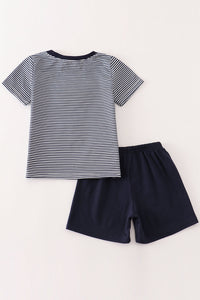 Navy Bus French Knot Shorts Set by Abby & Evie