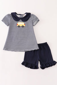 Navy Bus French Knot Ruffle Shorts Set by Abby & Evie