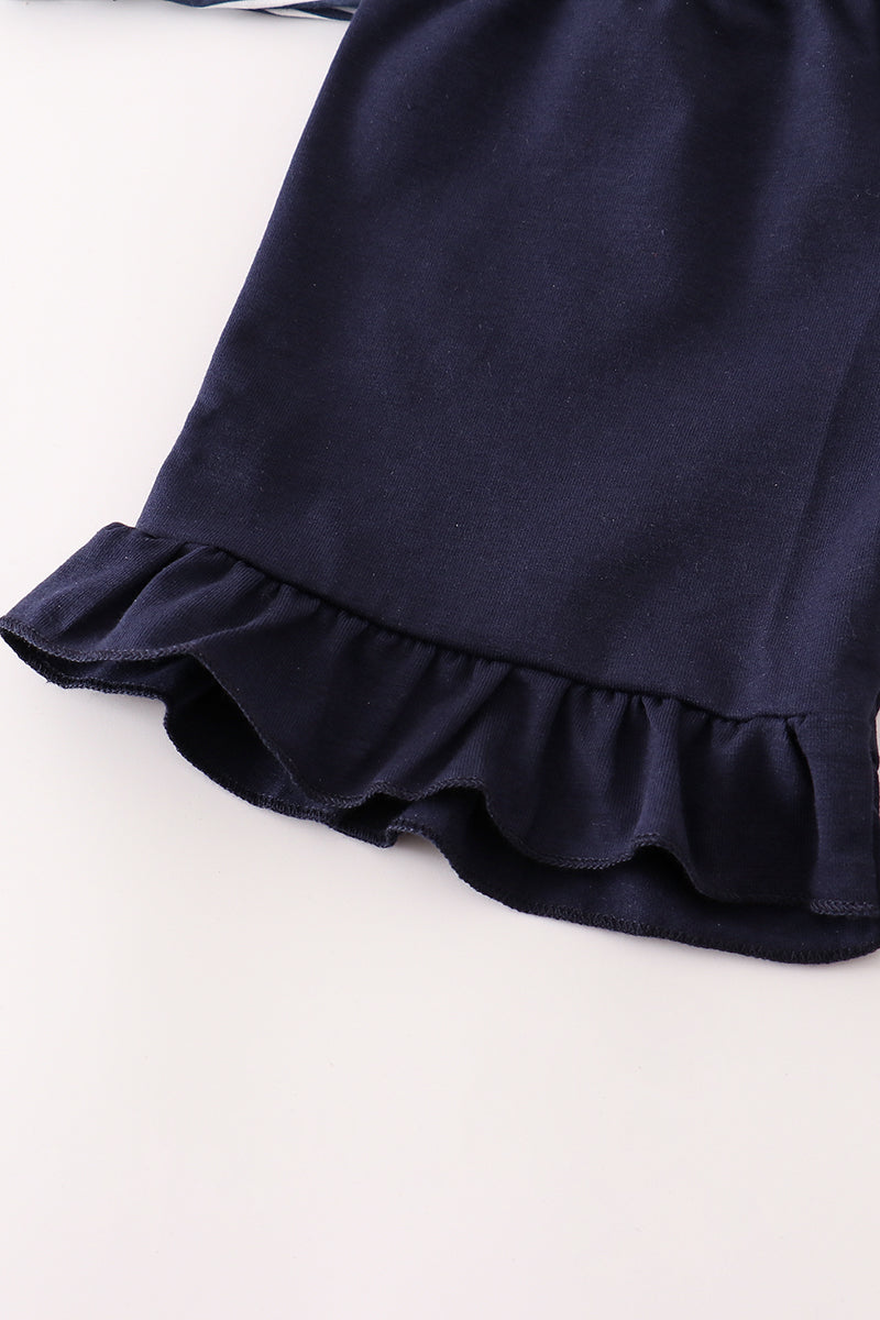 Navy Bus French Knot Ruffle Shorts Set by Abby & Evie