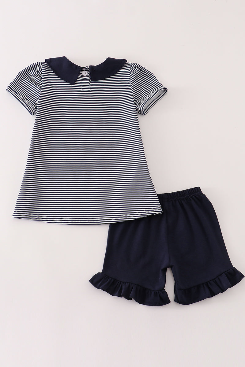 Navy Bus French Knot Ruffle Shorts Set by Abby & Evie