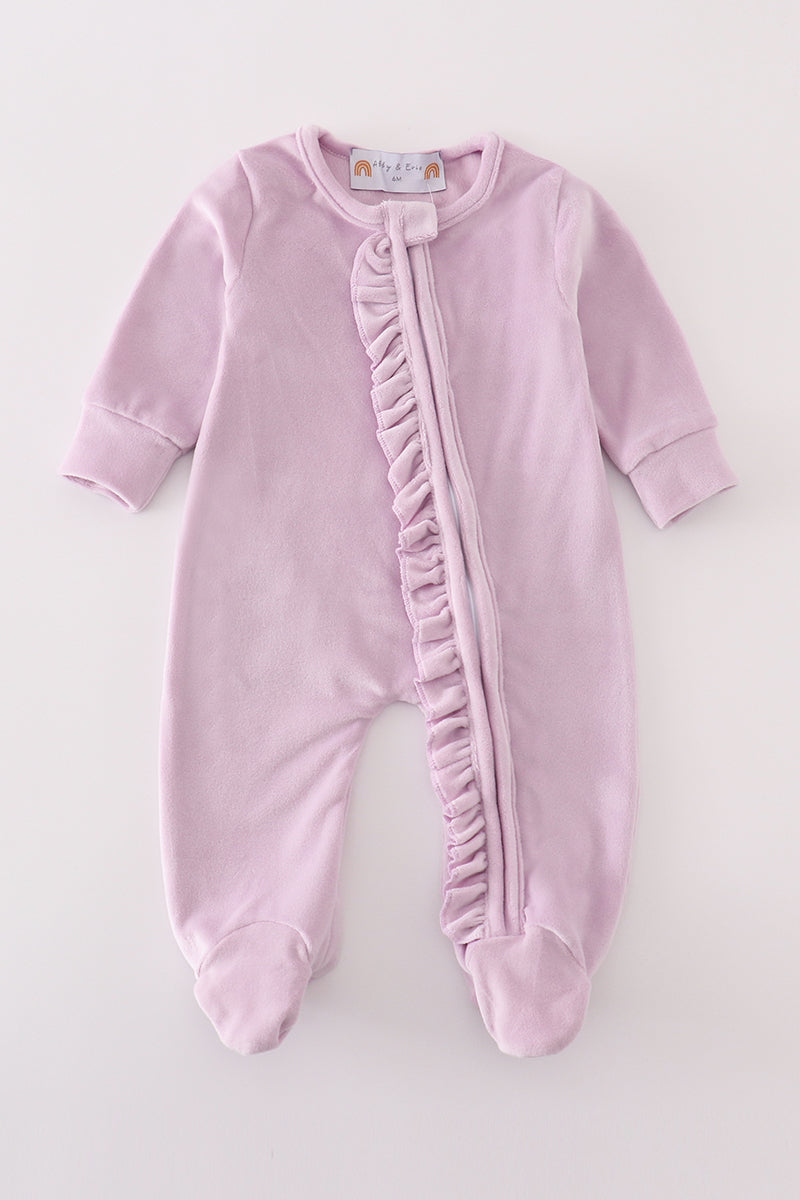 Velvet Dreams Ruffle Baby Romper in Lavender by Abby & Evie