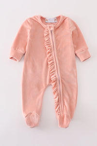 Velvet Dreams Ruffle Baby Romper in Blush Pink by Abby & Evie