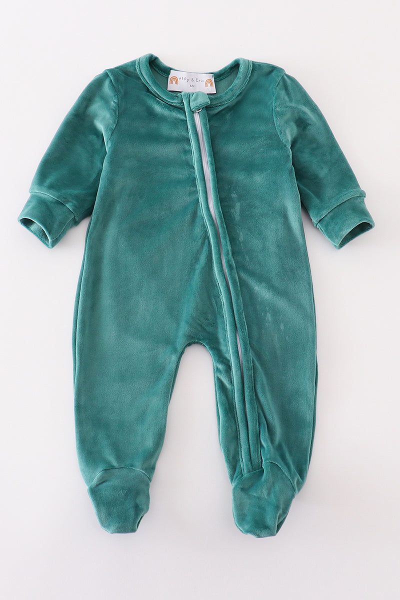 Emerald Teal Velvet Zipper Baby Romper