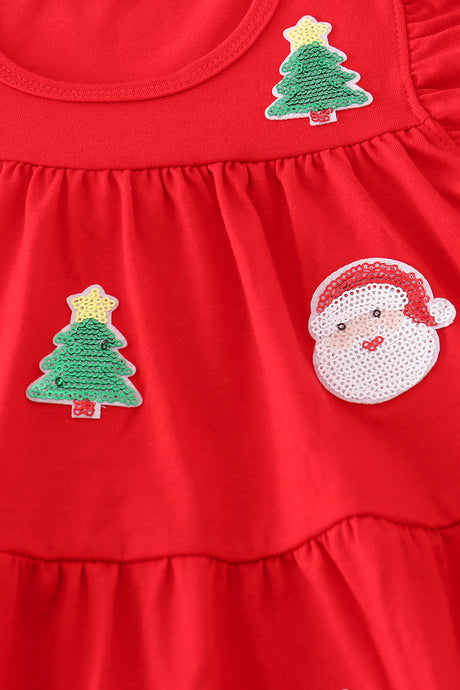 Santa + Christmas Trees Sequin Tiered Dress