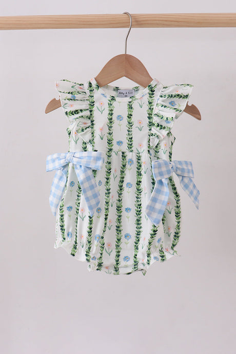 Cream floral baby bubble with green leafy stripes, tiny blue flowers, ruffle sleeves and blue gingham side bows.