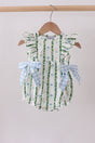 Cream floral baby bubble with green leafy stripes, tiny blue flowers, ruffle sleeves and blue gingham side bows.