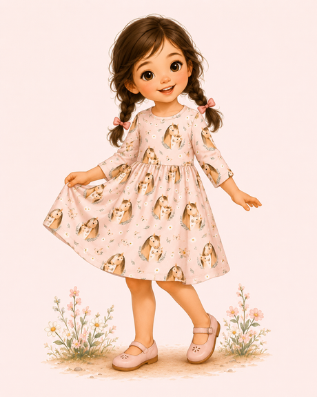 Illustrated girl in a blush mare-and-foal print dress with 3/4 sleeves, pink Mary Jane shoes and braided pigtails.