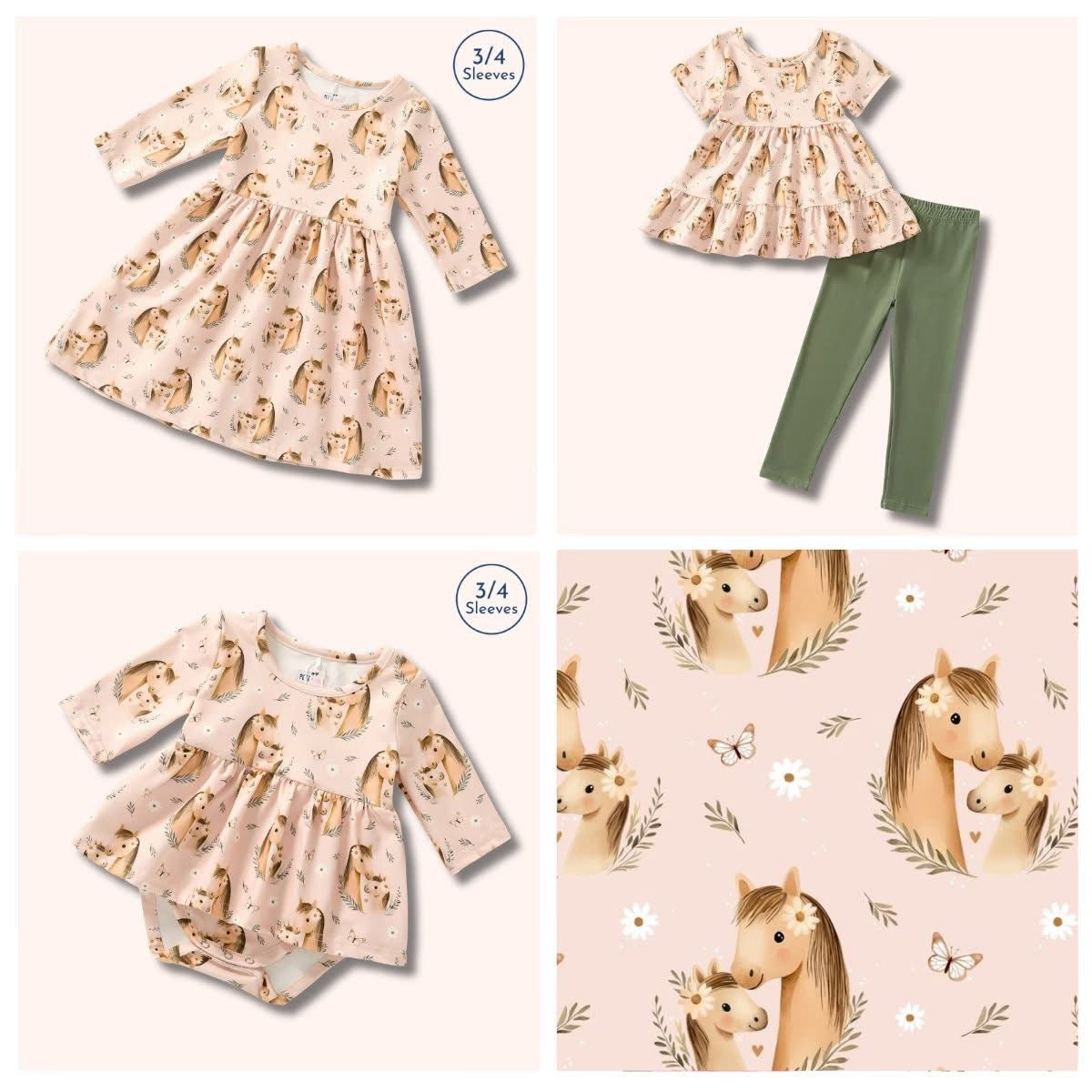 Collage of blush mare-and-foal print pieces, including dresses, a pants set, baby romper and fabric close-up.