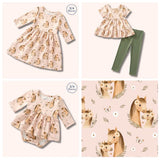 Collage of blush mare-and-foal print pieces, including dresses, a pants set, baby romper and fabric close-up.