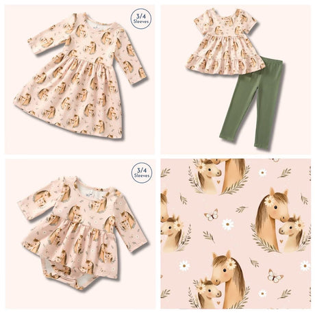Collage of blush mare-and-foal print pieces, including dresses, a pants set, baby romper and fabric close-up.