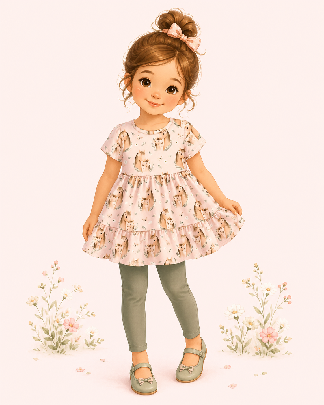 Illustrated girl wearing a blush mare-and-foal pony tunic with sage leggings, matching shoes and a pink bow.