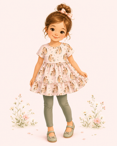 Illustrated girl wearing a blush mare-and-foal pony tunic with sage leggings, matching shoes and a pink bow.