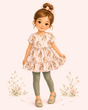 Illustrated girl wearing a blush mare-and-foal pony tunic with sage leggings, matching shoes and a pink bow.