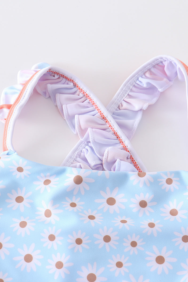 Blue Floral & Stripes Ruffle 2pc Swimsuit with UPF50+ by Abby & Evie