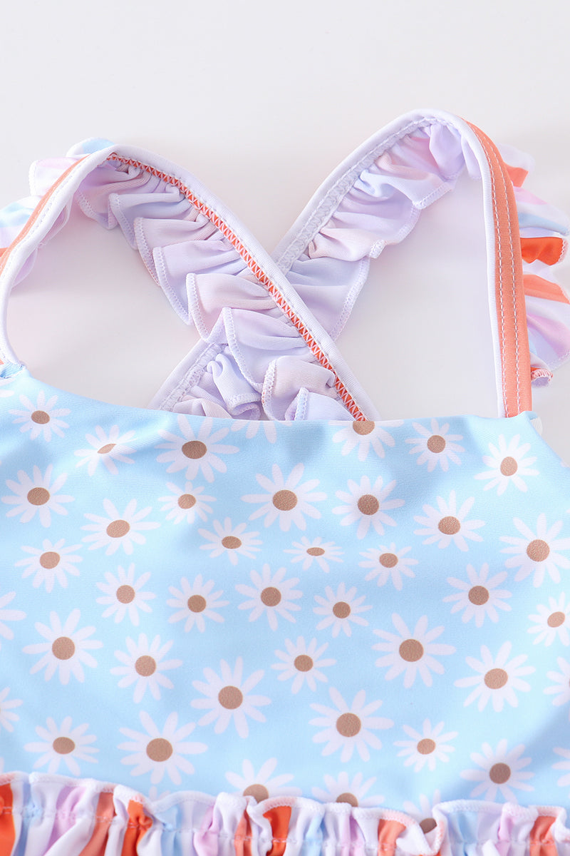 Blue Floral & Stripes Ruffle 2pc Swimsuit with UPF50+ by Abby & Evie