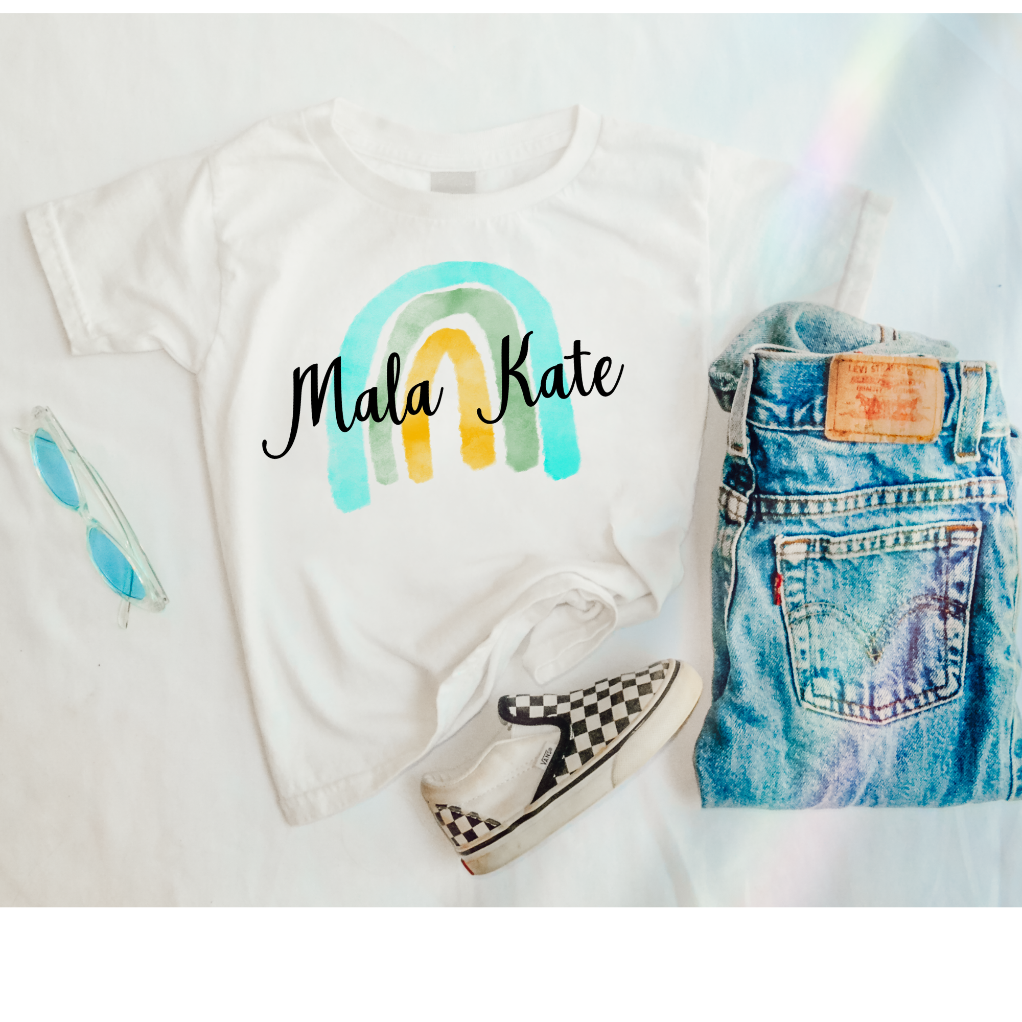 Teal Personalized Water Color Rainbow Kids Graphic Tee